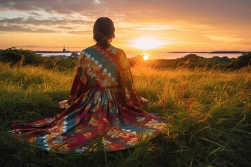 A young woman in beautiful colorful dress, sitting and relaxing by the beach. Back view, rear view. Generative AI illustration.