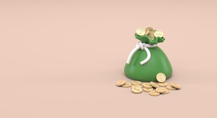 green purse with gold coins, purse with coins, gold coins, prize, cash prize, first place, money flyer, online game  (3d illustration)