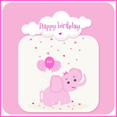 Happy birthday pink card  with elefant and hearts, balloons and clouds for girl birthday