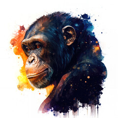 Colorful illustration of a chimp in watercolor galaxy style with transparent background. Generative AI
