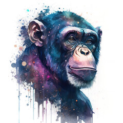 Colorful illustration of a chimp in watercolor galaxy style with transparent background. Generative AI