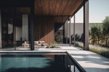 Sleek outdoor space with wide window and pool. Generative AI