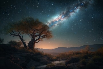 Obraz na płótnie Canvas A dreamy and magical desktop background featuring a tree, landscape, moon, and stars with an illustrated milky way. Generative AI