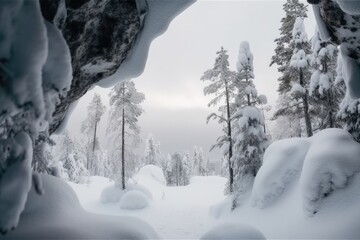 winter wonderland forest with snow-covered trees Generative AI