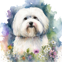 Watercolor illustration of a Coton de Tulear dog with flowers and transparent background. Generative AI. 