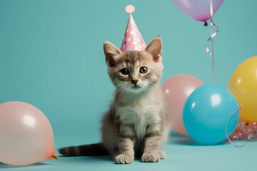 cute cat in a birthday hat sits on the background in the studio, space for text, birthday party. image generated by AI