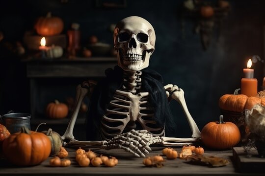 Skeleton and pumpkins on wooden table. Generative AI