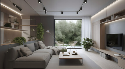Fototapeta na wymiar one room house design, modern, hd, grey and white colors, plants, technology
