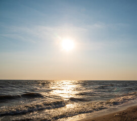 landscape viewpoint vertical  summer sea wind wave cool holiday calm coastal sunset sky light orange golden evening day look calm Nature tropical Beautiful sea water travel Bangsaen Beach thailand
