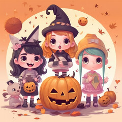 Illustration of kids with costumes celebrating halloween. Generative AI