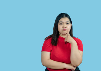 Portrait girl young woman asian chubby fat cute beautiful pretty one person wearing a red shirt is...
