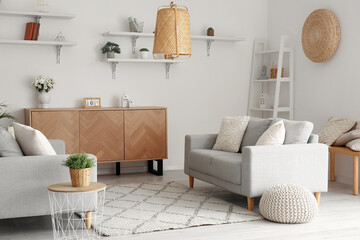 Interior of stylish living room with cozy sofas and wooden cabinet