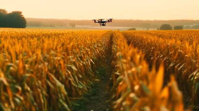 A drone is flying in the corn field