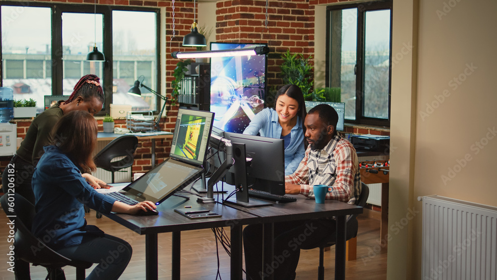 Poster modern technology studio employees using computers to develop new graphics interface in office, doin