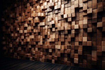Wooden mosaic wall with 3D block background. Generative AI