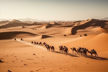 Fototapeta na wymiar A caravan of camels traverses the magnificent desert landscape. Generative AI