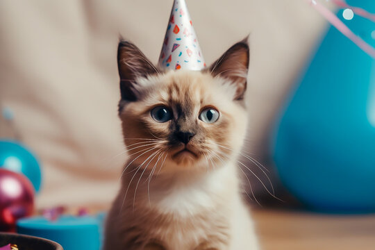 cute cat in a birthday hat sits on the background in the studio, space for text, birthday party. image generated by AI