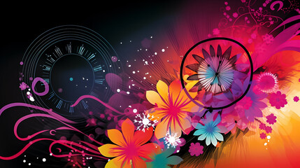 Abstract floral background with clock. Illustration. Ai generation.