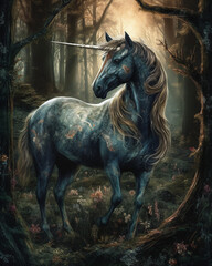 Obraz na płótnie Canvas A black unicorn in a forest Generative Ai
