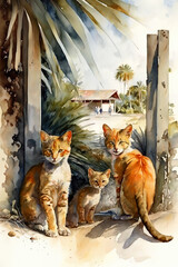 Illustration of a  family of three stray cats on a tropical island with transparent background. Generative AI