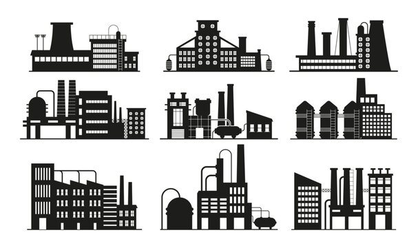 Manufactury, factory and plants vector set. Business buildings. Oil refinery.