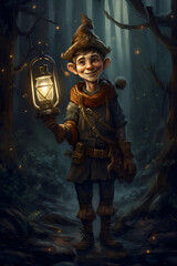 Obraz na płótnie Canvas A cartoon character gnome holding a lantern in a forest Generative Ai