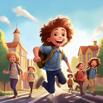 pierwszy dzień szkoły, szczęśliwe dzieci z tornistrami idą do szkoły, pierwszoklasista, szkoła, back to school, do podręcznika, ilustracja