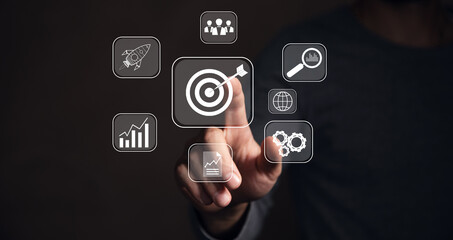 Targeting the business concept, target with digital marketing icons on virtual screen internet network connection, Business goal
