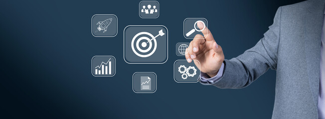 Targeting the business concept, target with digital marketing icons on virtual screen internet network connection, Business goal