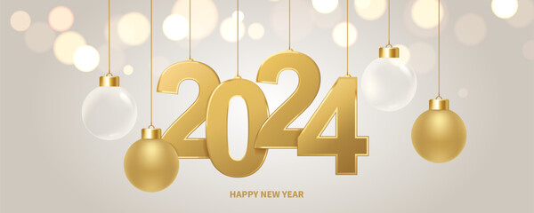 Happy new year 2024 background. Golden numbers and Christmas decoration with shiny lights in background. Holiday greeting card.