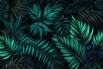 Fototapeta na wymiar tropical leaves on a dark green and blue background Generative AI
