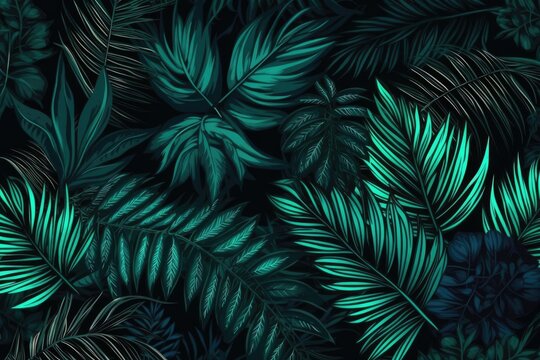 tropical leaves on a dark green and blue background Generative AI