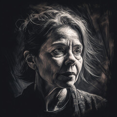 A black and white drawing of an old woman Generative Ai