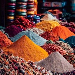 mix of spices, herbs, and exotic ingredients stacked in a street market