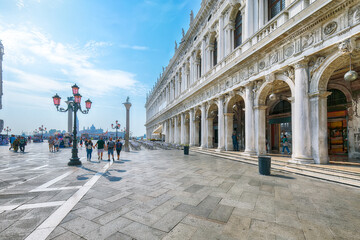 Fantastic cityscape of Venice with San Marco square with Column of San Teodoro and Biblioteca Nazionale Marciana. - obrazy, fototapety, plakaty