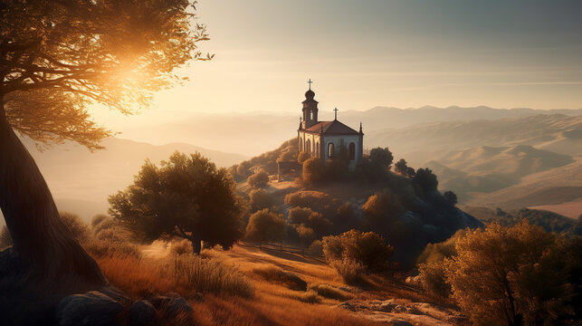 Old church on the top of a hill with beautiful view