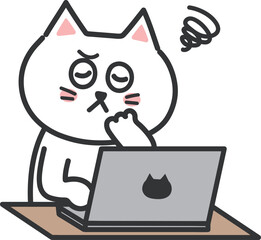 White cartoon cat struggles with something while using a computer. Vector illustration.