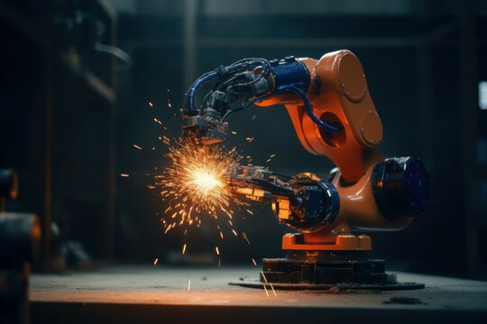 Robot welder. Automatic welding machine. AI generated, human enhanced