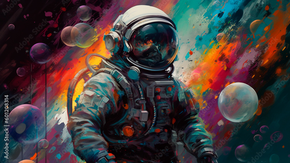 Wall mural beautiful painting of an astronaut in in a colorful bubbles galaxy on a different planet. generative