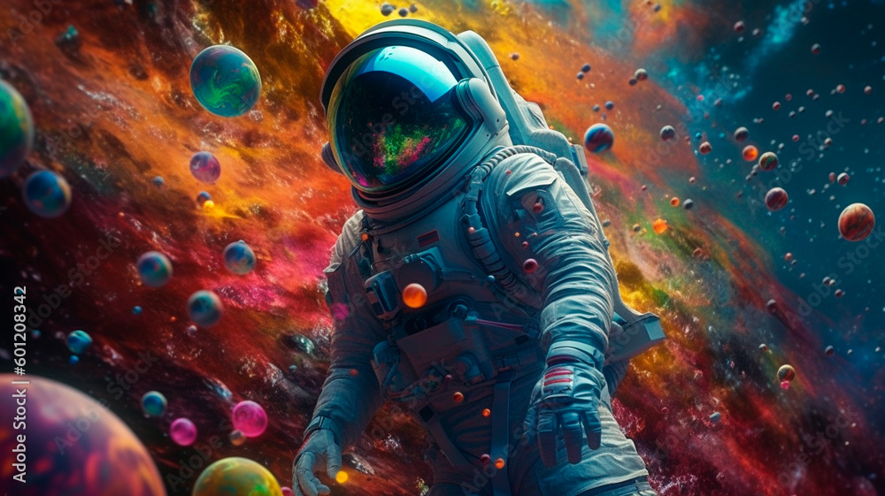 Wall mural beautiful painting of an astronaut in in a colorful bubbles galaxy on a different planet. generative