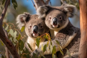Obraz premium two koalas cuddling in a eucalyptus tree Generative AI