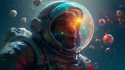 Beautiful painting of an astronaut in in a colorful bubbles galaxy on a different planet. Generative AI