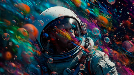Beautiful painting of an astronaut in in a colorful bubbles galaxy on a different planet. Generative AI