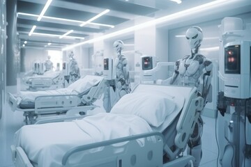 Robots as nurses and medical assistants. AI generated, human enhanced