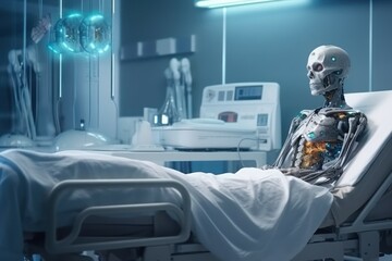 Skeleton with a skull in a hospital bed. The concept of eternal life. AI generated, human enhanced - obrazy, fototapety, plakaty