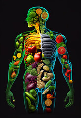 Human skeleton consists of fruits and vegetables, concept: healthy food. AI Generated