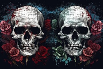 two skulls adorned with roses against a dark background Generative AI
