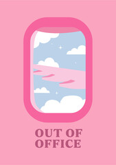 Illuminator porthole window in the cockpit airplane. Wing of flight jet with clouds. Travel poster.	