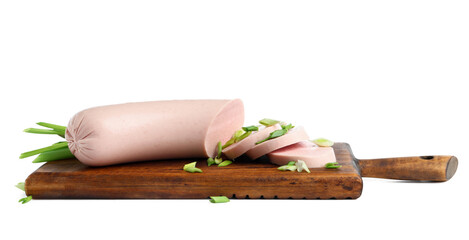 Wooden board with tasty sliced boiled sausage on white background