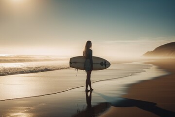 Fototapeta na wymiar Woman with surfboard at sunset in front of the sea. AI generated, human enhanced